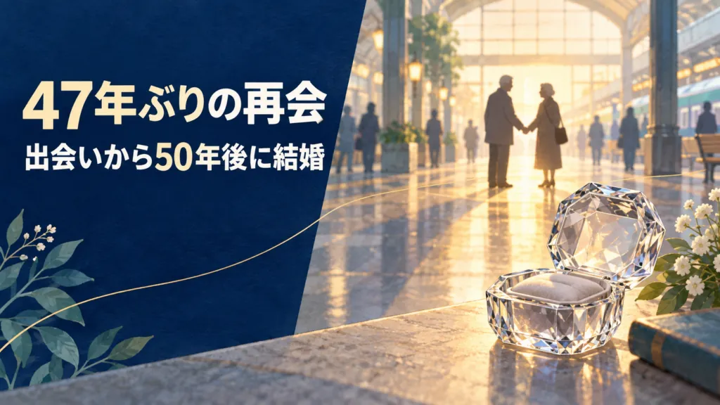47年ぶりの再会と出会いから50年後の結婚を描いた非写実的なイラスト。左に二行の見出し、右に駅構内で向き合う二人とクリスタル製の指輪ケース。