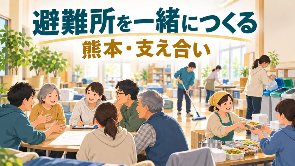 熊本の避難所で住民が話し合い、清掃や分別、食事の分配を行う非写実的なイラスト。画像内の見出しは『避難所を一緒につくる』『熊本・支え合い』。