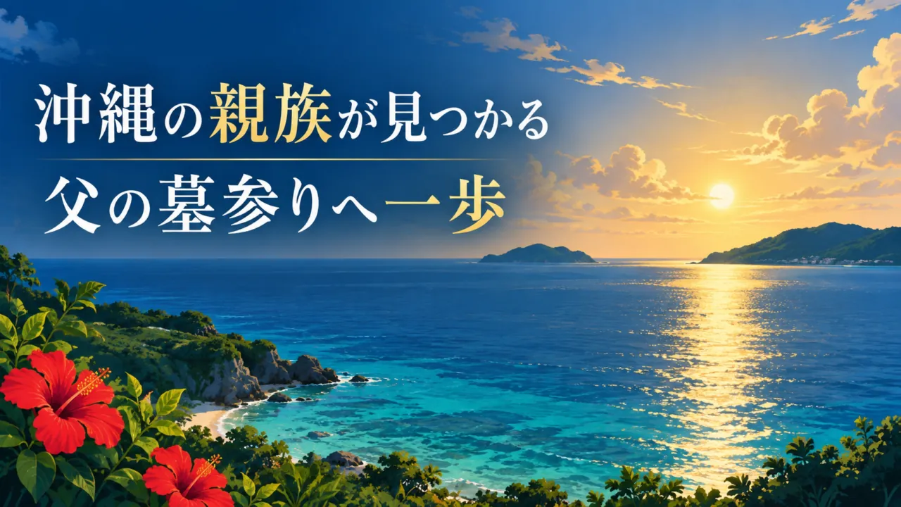 沖縄の夕景を描いたイラスト。画像内に「沖縄の親族が見つかる」「父の墓参りへ一歩」と表示。