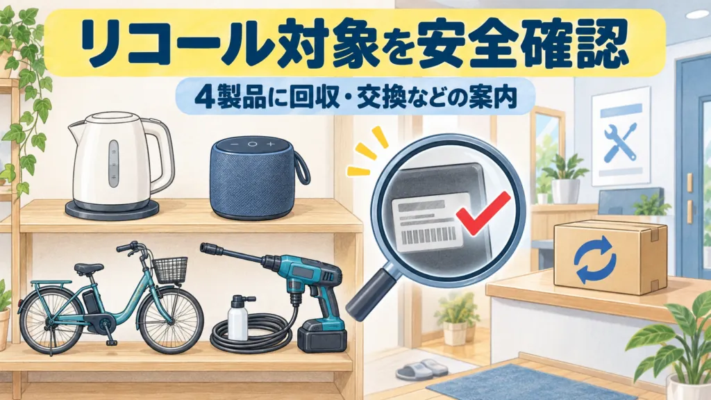 電気ケトル、充電式スピーカー、電動アシスト自転車、充電式高圧洗浄機の4製品と、型番確認や回収・交換を示すAI生成の非写実的なイラスト。「リコール対象を安全確認」「4製品に回収・交換などの案内」の見出し入り。
