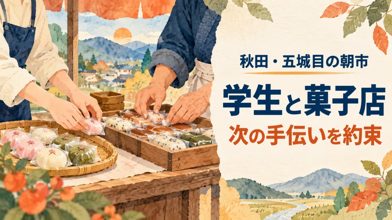 秋田・五城目の朝市を表す水彩風イラスト。匿名の二人が菓子店の商品を並べ、学生と菓子店、次の手伝いの約束を示す文字がある。