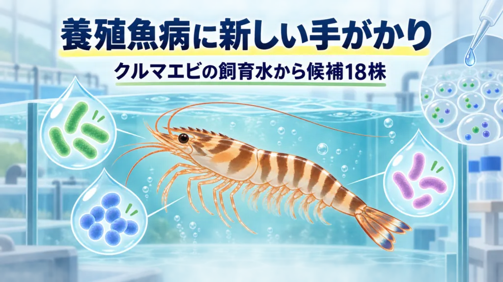 クルマエビと飼育水中の細菌候補を描いたAI生成の非写実的なイラスト。「養殖魚病に新しい手がかり」「クルマエビの飼育水から候補18株」の見出し入り。