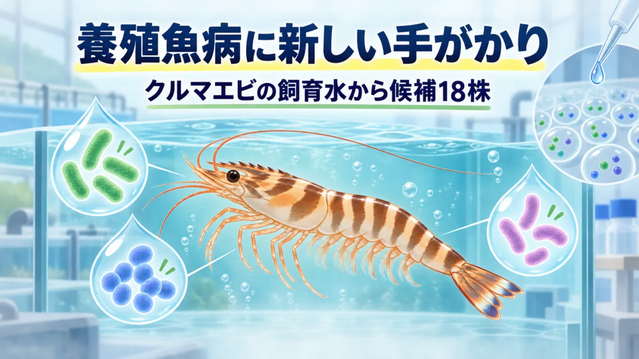 クルマエビと飼育水中の細菌候補を描いたAI生成の非写実的なイラスト。「養殖魚病に新しい手がかり」「クルマエビの飼育水から候補18株」の見出し入り。