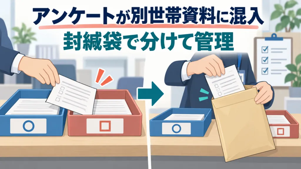 別世帯資料へアンケートが混入する場面と、書類を封緘袋で分けて管理する対応を描いた非写実的なイラスト。画像内の見出しは『アンケートが別世帯資料に混入』『封緘袋で分けて管理』。