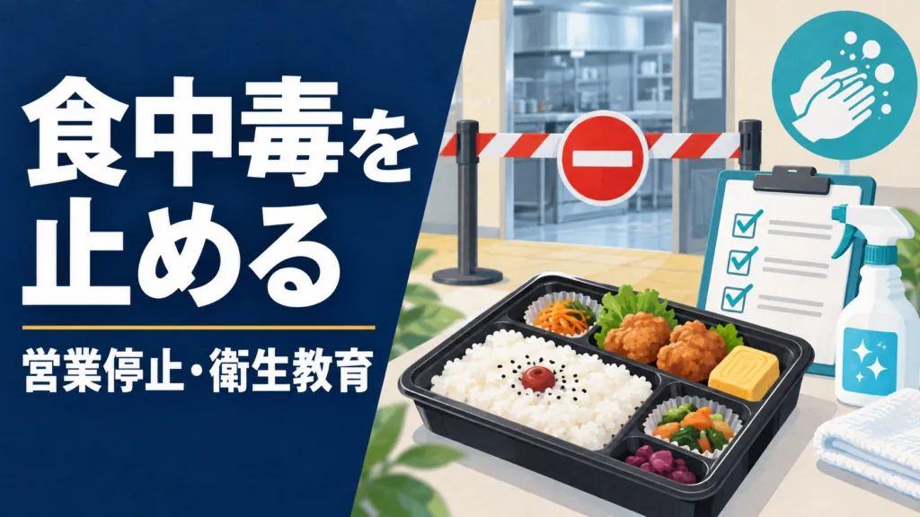 弁当、営業停止を示すバリア、消毒液、衛生確認のチェックリストを描いた非写実的なイラスト。画像内の見出しは『食中毒を止める』『営業停止・衛生教育』。