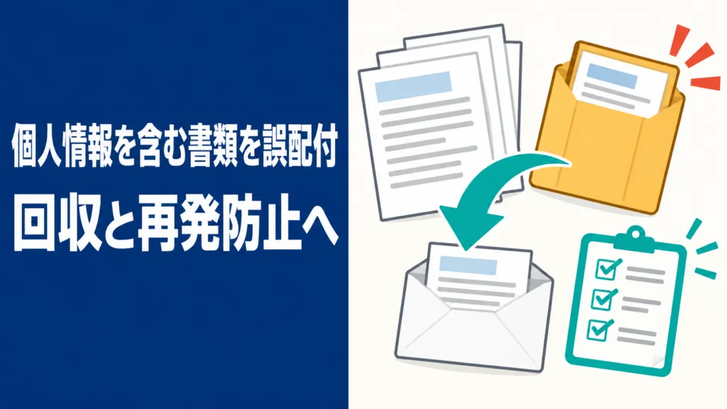 個人情報を含む書類の誤配付と、書類の回収、確認チェックリストによる再発防止を示す非写実的なイラスト。