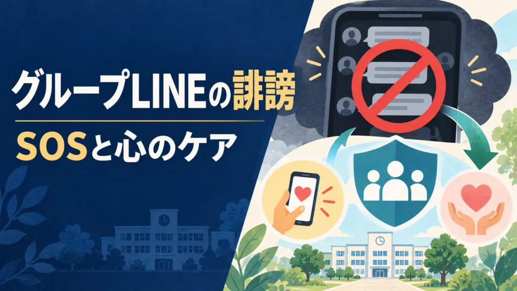 グループLINE上の誹謗を止め、SOSと心のケアにつなげる対応を示した非写実的なイラスト。画像内の見出しは『グループLINEの誹謗』『SOSと心のケア』。