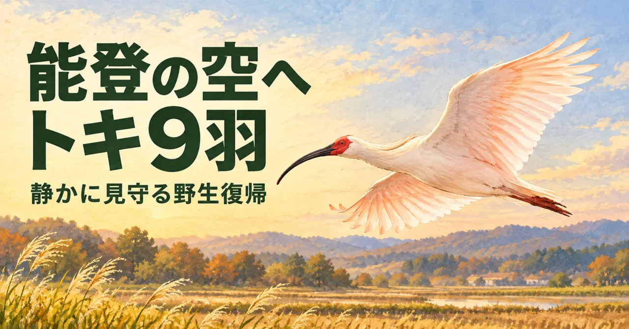 能登の田園を飛ぶトキと、9羽の放鳥と静かな見守りを伝えるイラスト