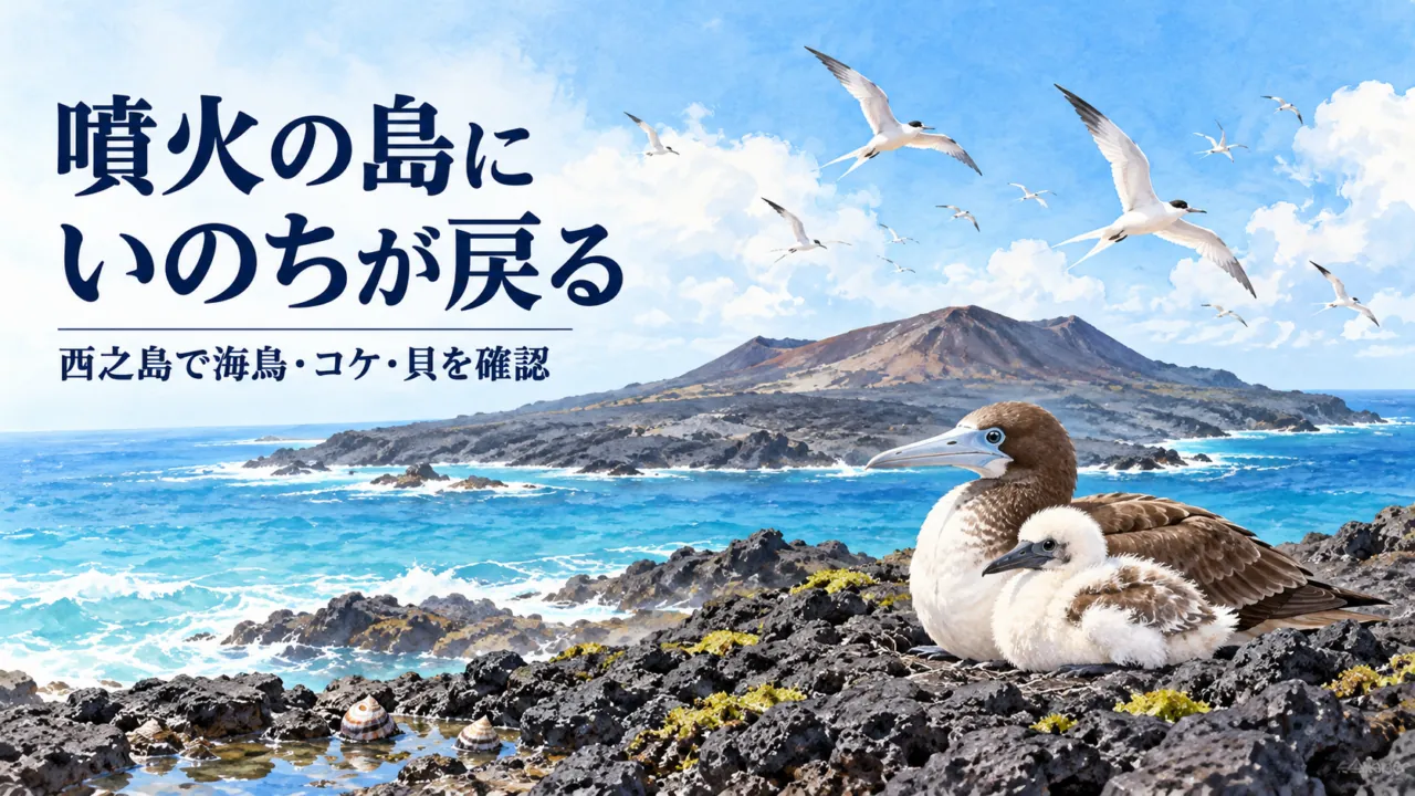 噴火の島の溶岩の上で寄り添う海鳥の親子と、空を飛ぶアジサシ、岩場の小さなコケと巻貝を描いたイラスト