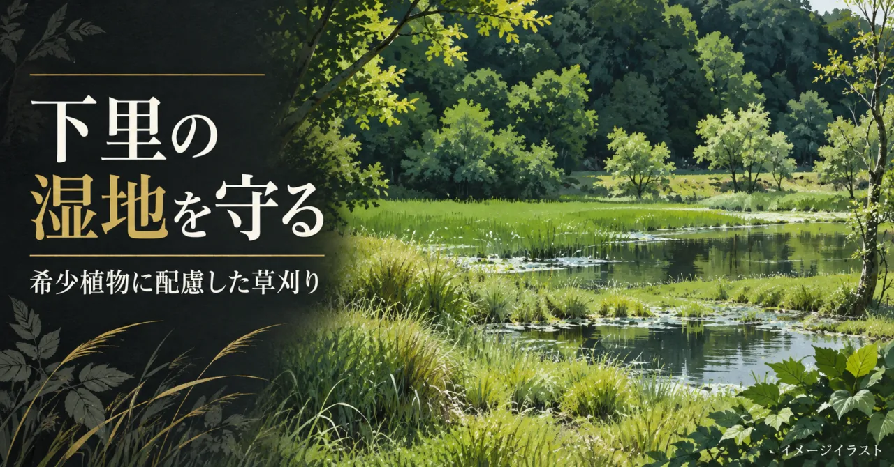 下里の湿地の水面と周囲の植生を描いたイメージイラスト