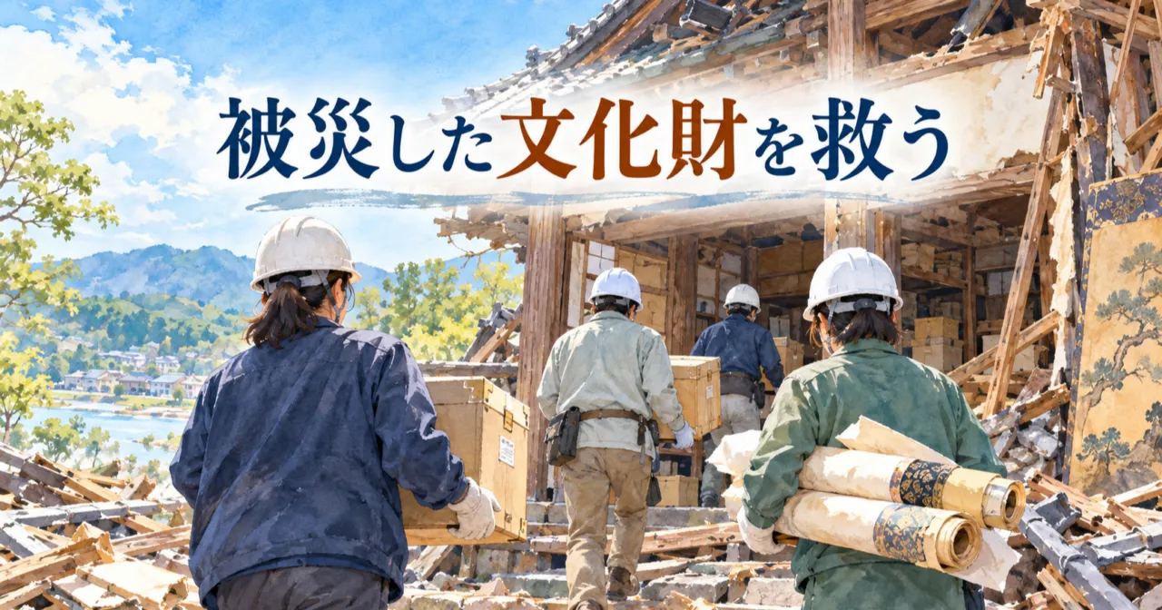 被災した文化財を専門家が運び出すイメージイラスト