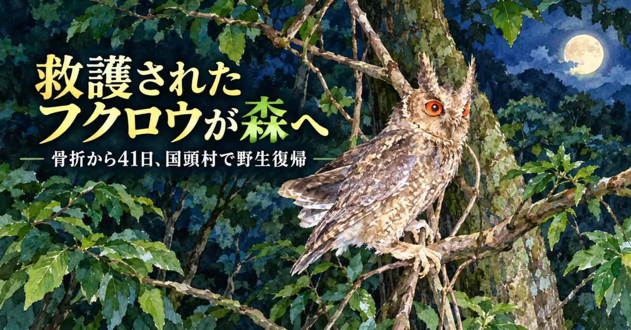 夜のやんばるの森の枝に止まるリュウキュウオオコノハズクのイラスト