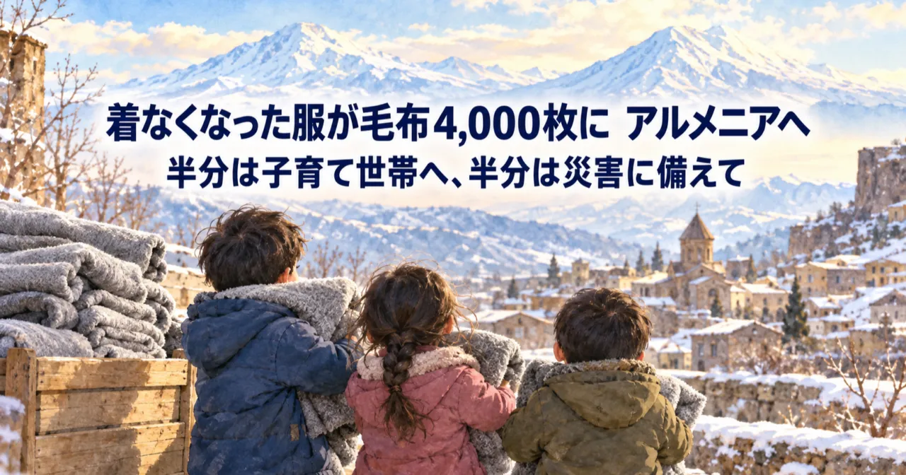 雪の山あいの町で、毛布を抱える子どもたちの後ろ姿。着なくなった服が毛布4,000枚になりアルメニアへ
