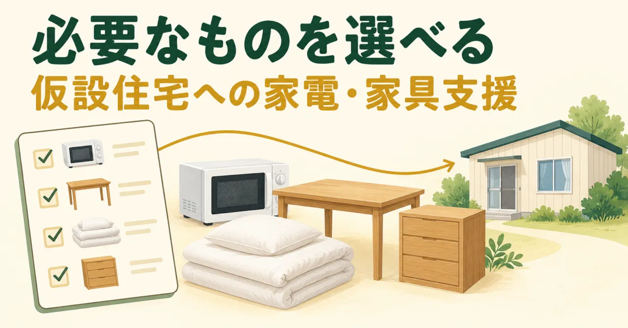 家庭の希望を聞き家具・家電を届ける仕組みを表すイラスト