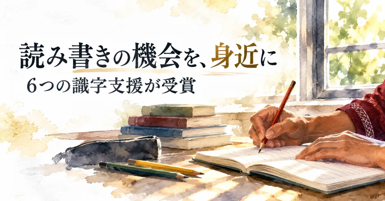 窓辺でノートに鉛筆で書く手元と、6つの識字支援の受賞を伝えるイラスト