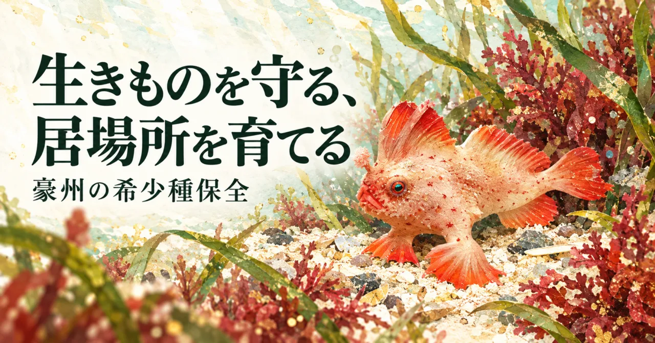 海草と海藻の間にいるレッドハンドフィッシュのイラスト。生きものを守る、居場所を育てる