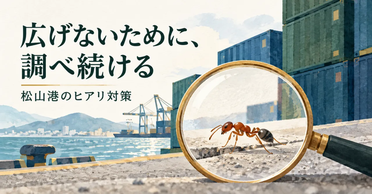 港のコンテナと、ヒアリを調べる虫眼鏡のイラスト。広げないために、調べ続ける