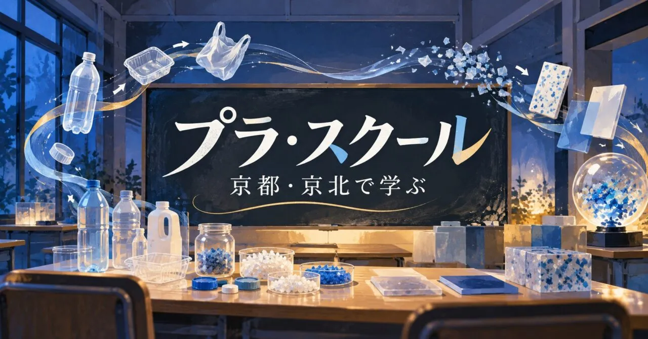 プラ・スクール 京都・京北で学ぶ。プラスチックの循環を表した教室のイラスト