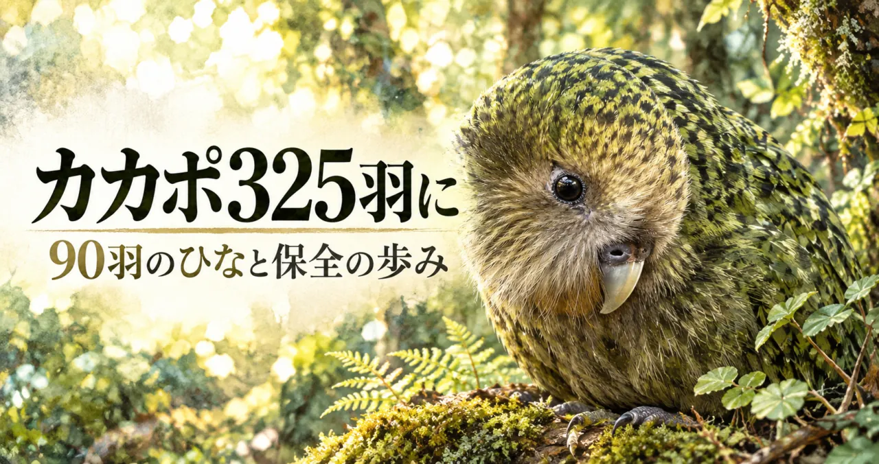 カカポ325羽に、90羽のひなと保全の歩みと記した、森のカカポのイラスト
