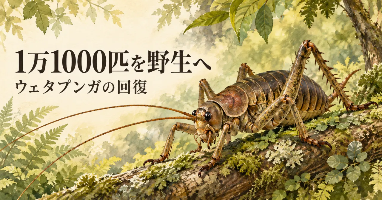 1万1000匹を野生へ、ウェタプンガの回復と記した、森の枝にいる大型昆虫のイラスト