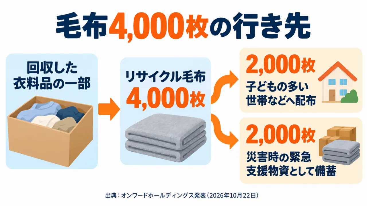 毛布4,000枚の行き先の図解。2,000枚は子どもの多い世帯などへ配布、2,000枚は災害時の緊急支援物資として備蓄