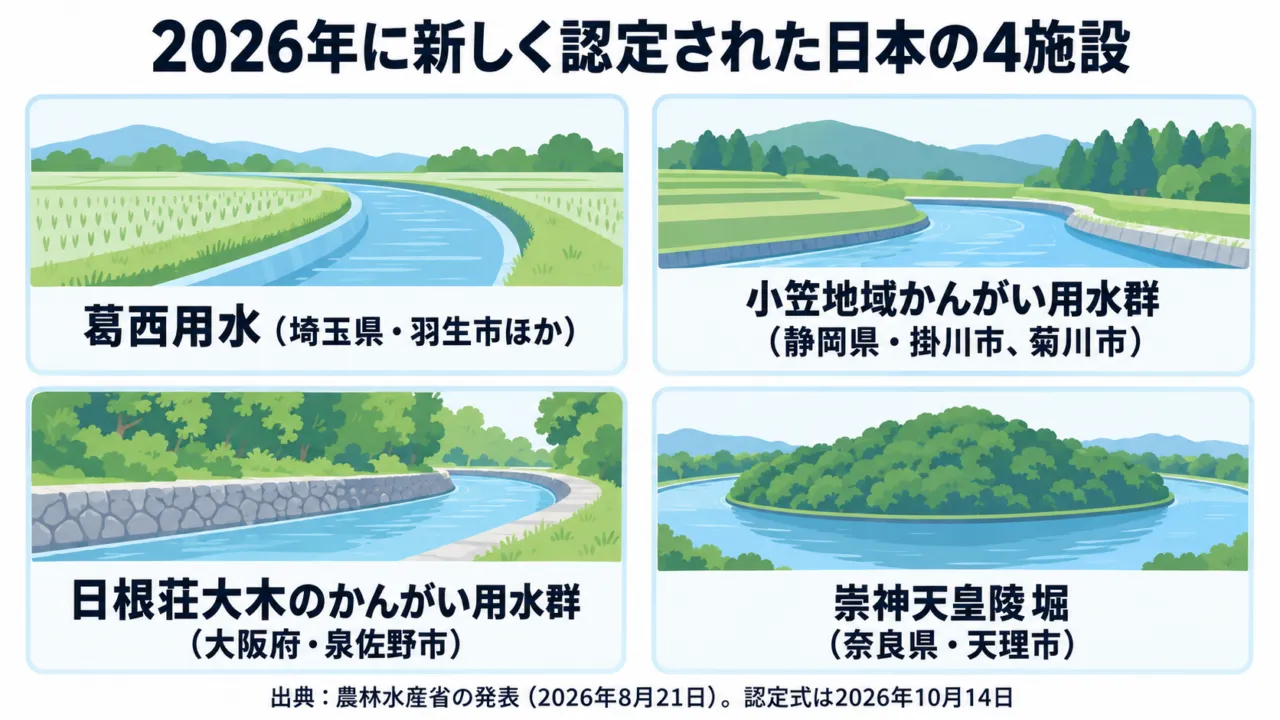 2026年に新しく認定された日本の4施設の図解。葛西用水、小笠地域かんがい用水群、日根荘大木のかんがい用水群、崇神天皇陵堀