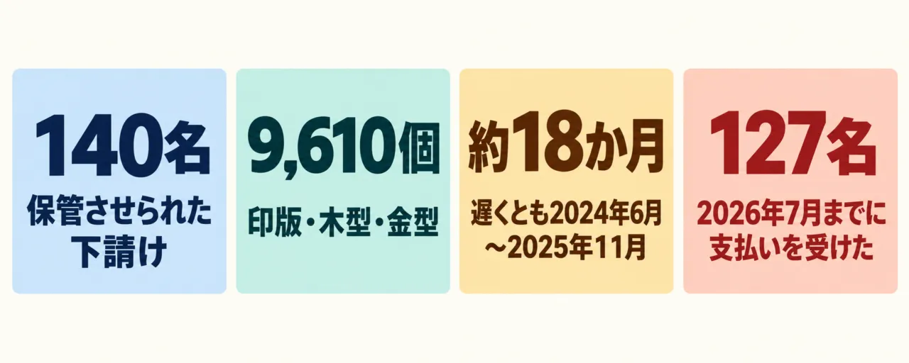 図解:保管させられた下請け140名、印版・木型・金型9,610個、約18か月、2026年7月までに支払いを受けた127名