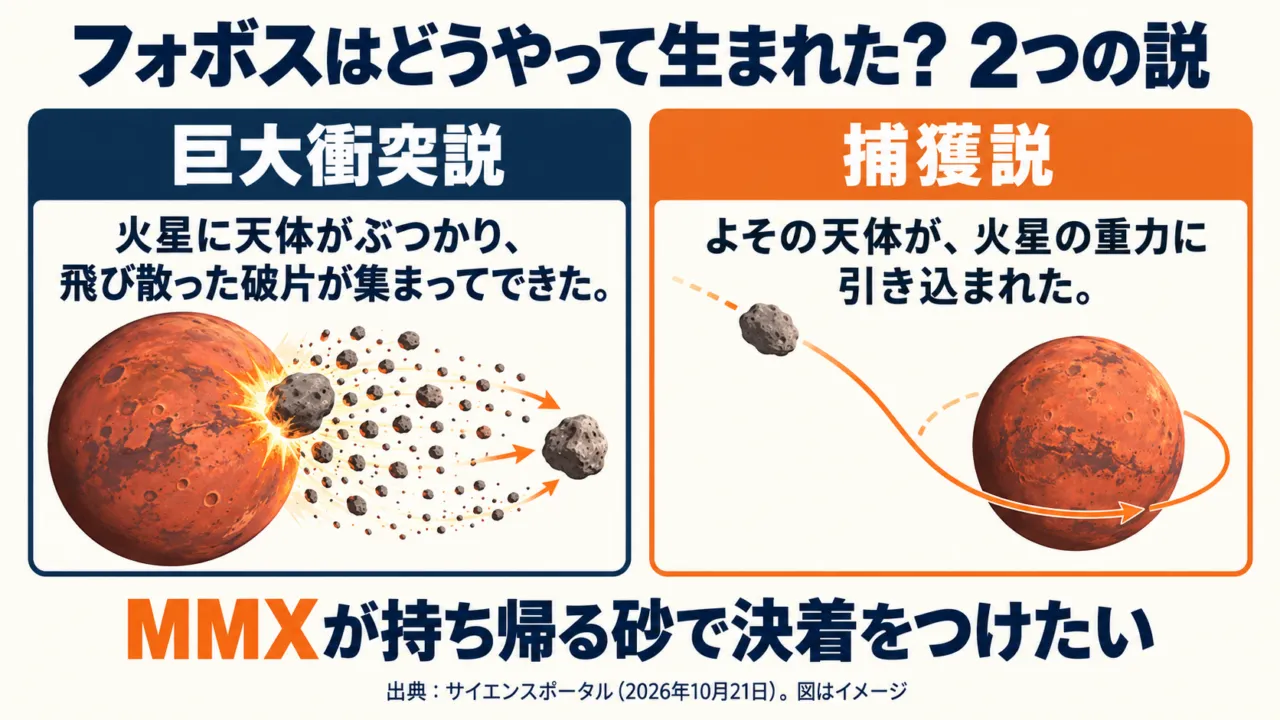 フォボスの起源2説の図解。巨大衝突説と捕獲説