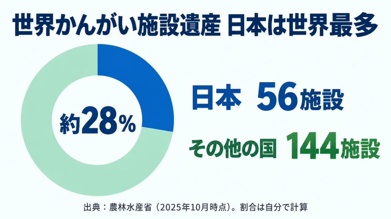 世界かんがい施設遺産の国別の割合。世界200施設のうち日本が56施設で約28%