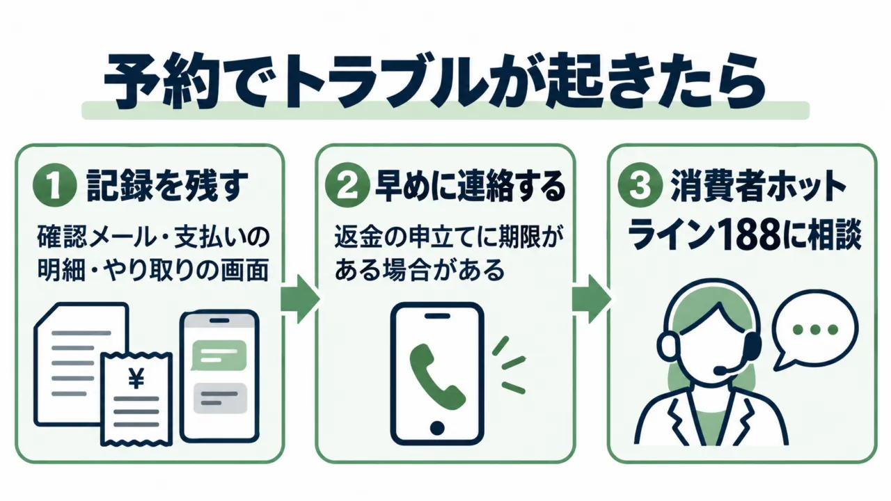 図解：予約でトラブルが起きたら、記録を残す、早めに連絡する、消費者ホットライン188に相談する、の3段の手順