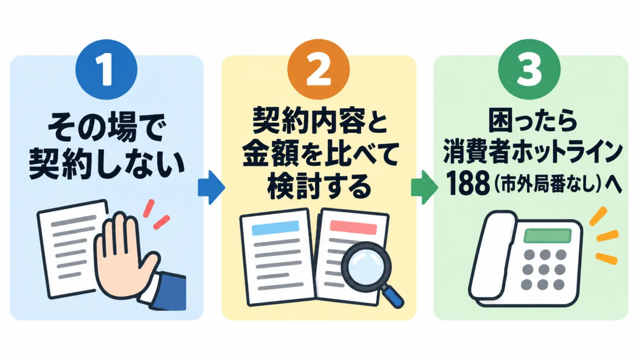 図解:訪問販売で屋根点検を勧められたら、その場で契約しない、内容と金額を比べる、188に相談する、の3段の手順