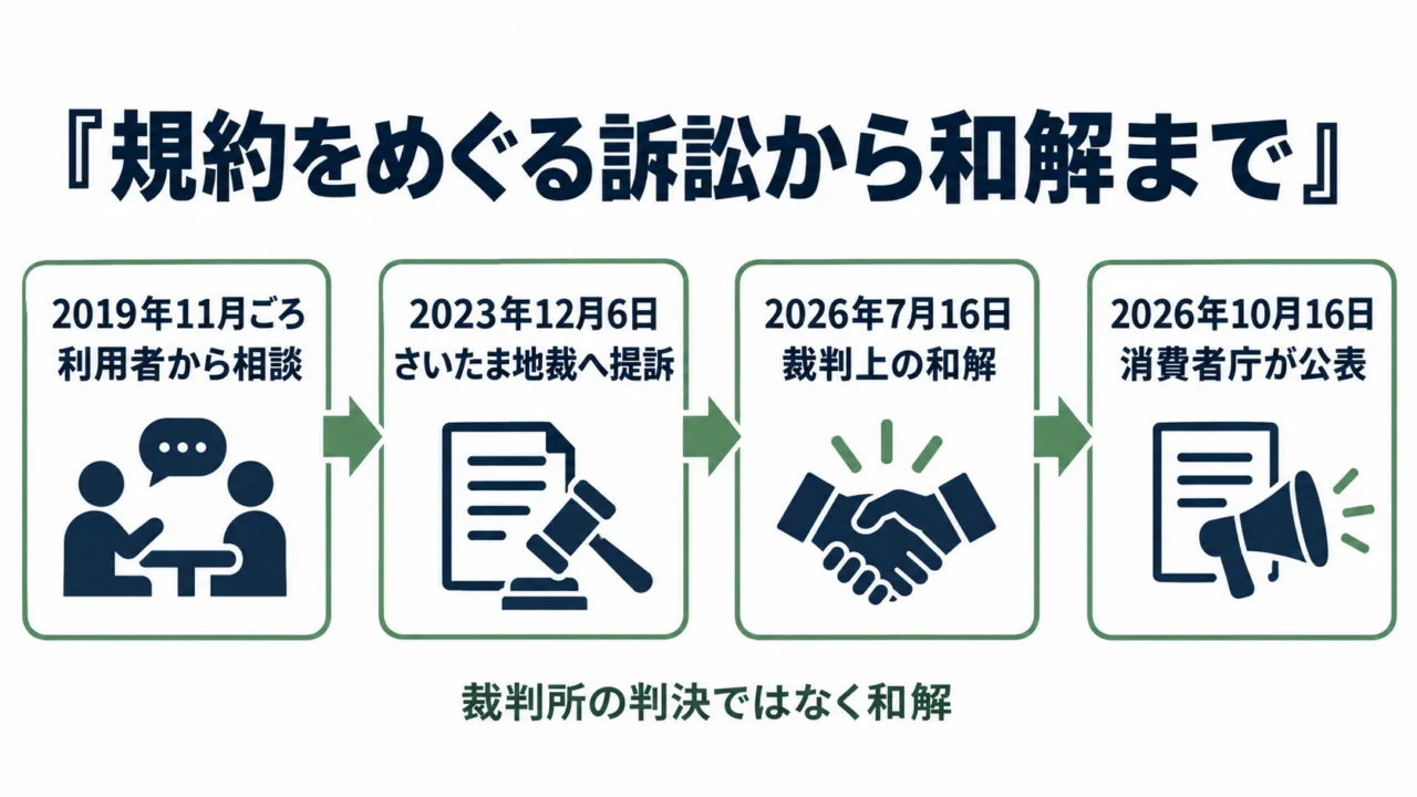 図解：2019年11月ごろの相談、2023年12月6日の提訴、2026年7月16日の和解、2026年10月16日の消費者庁の公表までの経緯