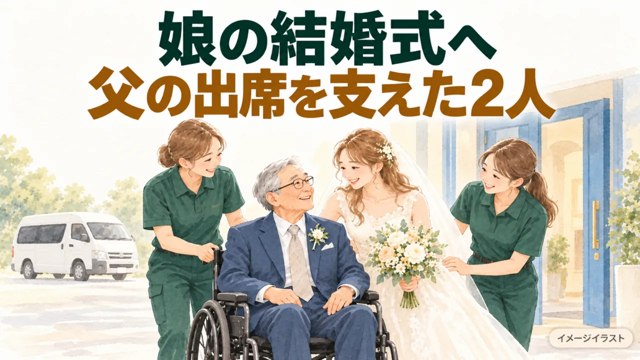 父と花嫁を救急サービス職員2人が支える、結婚式への参加を表すイメージイラスト