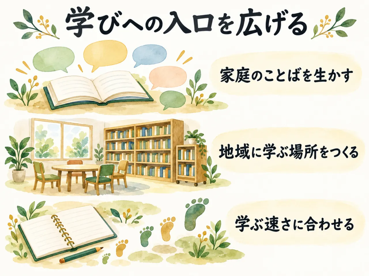 図解:家庭のことばを生かす、地域に学ぶ場所をつくる、学ぶ速さに合わせる