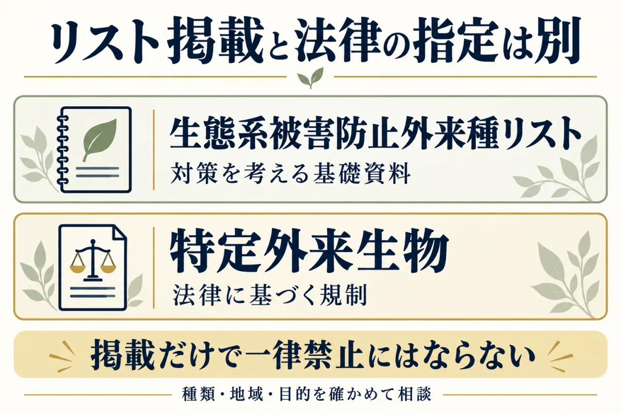 外来種リスト掲載と法律上の指定の違いの図解。リストは対策の基礎資料、特定外来生物には法律の規制がある