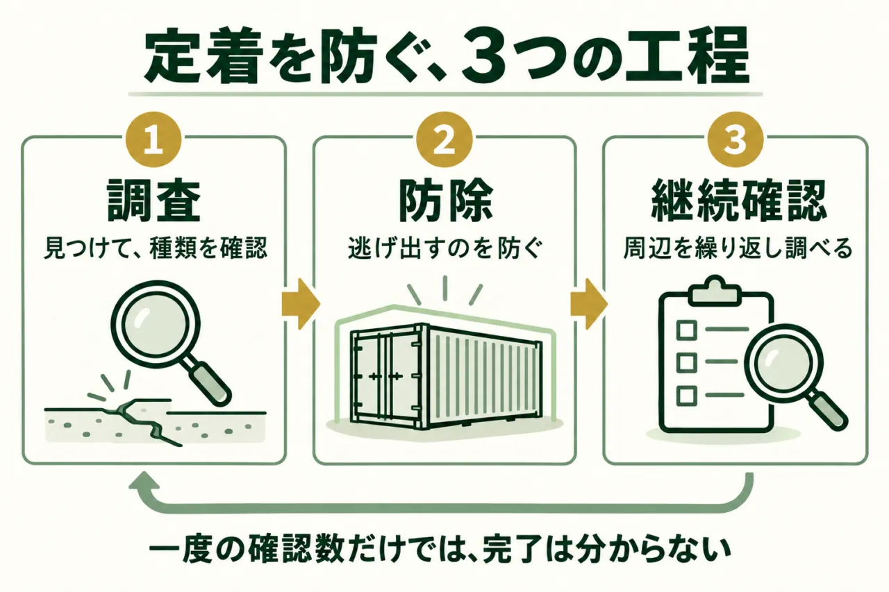 図解:調査、防除、継続確認を繰り返して定着を防ぐ3つの工程