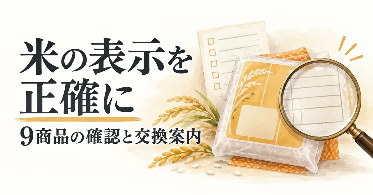 米の袋と虫眼鏡を描いたイラスト。米の表示を正確に、9商品の確認と交換案内。