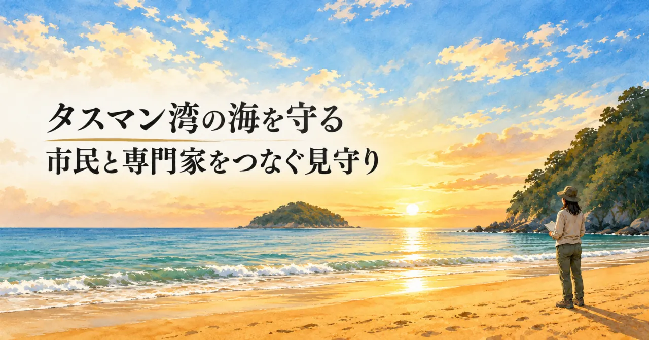 トンガ島を望む砂浜で海を見守る人のイラスト。タスマン湾の海を守る、市民と専門家をつなぐ見守り