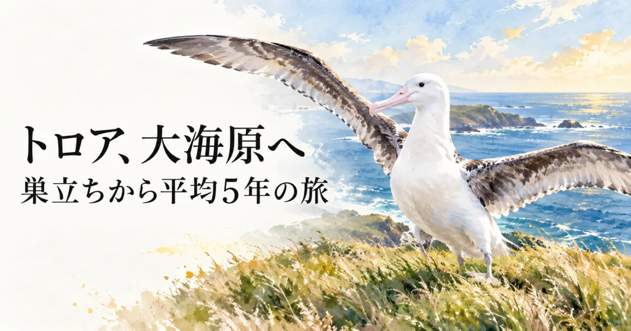 草地で翼を広げるトロアのイラスト。トロア、大海原へ、巣立ちから平均5年の旅