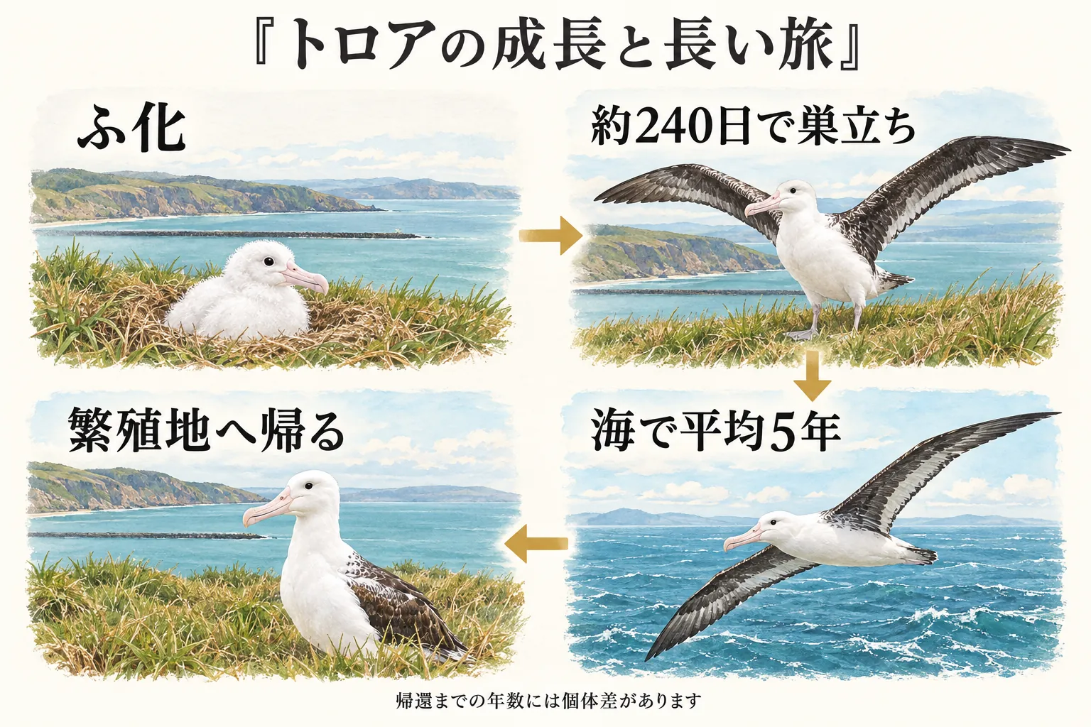 トロアの成長の図解。ふ化から約240日で巣立ち、海で平均5年過ごして繁殖地へ帰る。帰還までの年数には個体差がある